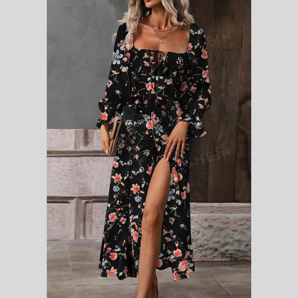 Floral Print Flounce Sleeve Midi Dress