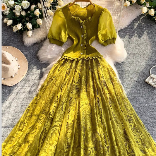 Lace Panel Puff Sleeve Dress