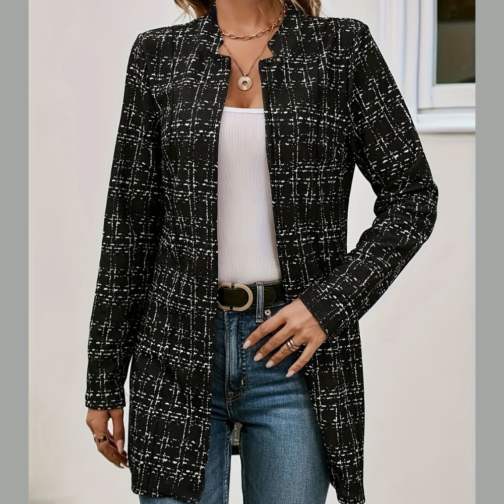 Plaid Open Front Long Sleeve Blazer