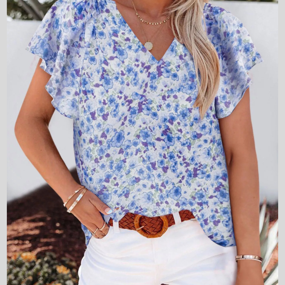 Full Size Floral Print Flutter Sleeve V-Neck Blouse Plus Size