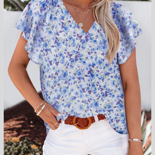 Full Size Floral Print Flutter Sleeve V-Neck Blouse Plus Size