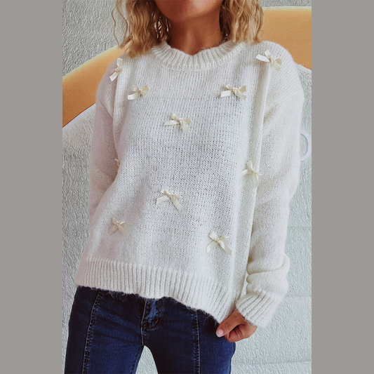 Bow Trim Round Neck Long Sleeve Sweater