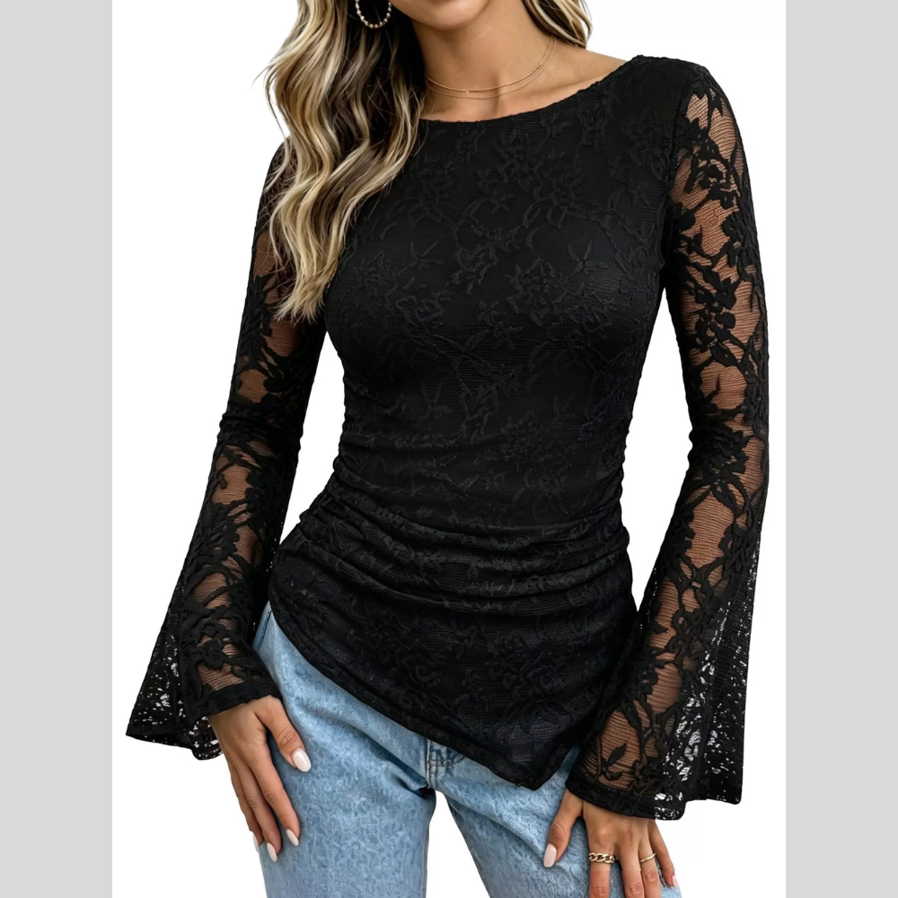 Floral Lace Long Sleeve Blouse with Flared Cuffs