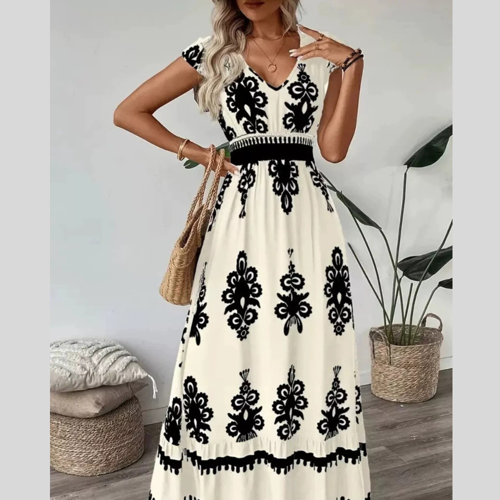 Ruffled Printed V-Neck Maxi Dress