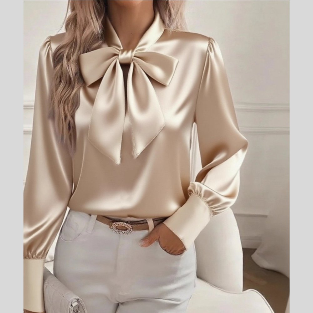 Satin Bow Tie Long Sleeve Top