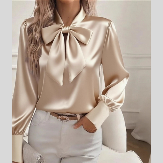 Satin Bow Tie Long Sleeve Top