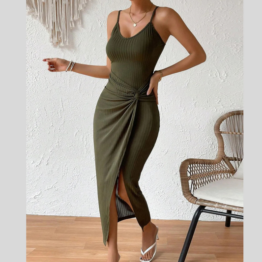 Ribbed Wrap Midi Dress with Side Slit