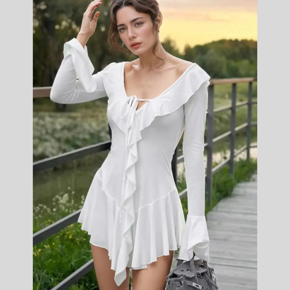 Ruffle V-Neck Flounce Sleeve Mini Dress