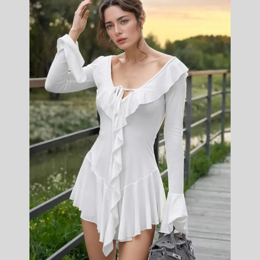 Ruffle V-Neck Flounce Sleeve Mini Dress