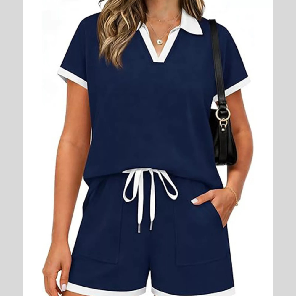 Polo Collar Short Sleeve Top and Shorts Set