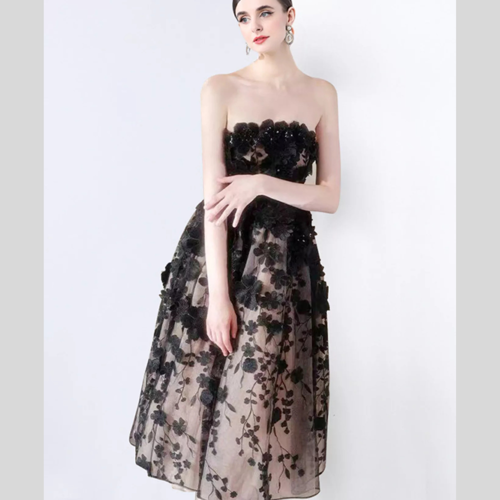 Strapless Floral Applique Midi Dress