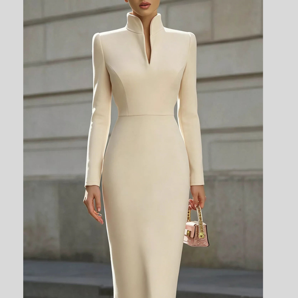 High Neck Long Sleeve Slit Dress