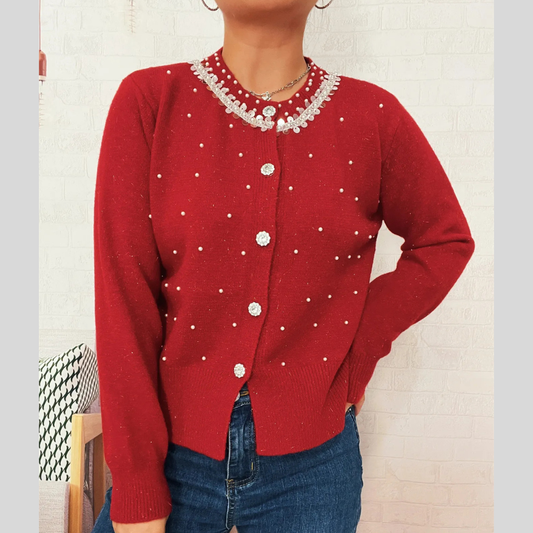 Pearl Detail Button-Front Cardigan