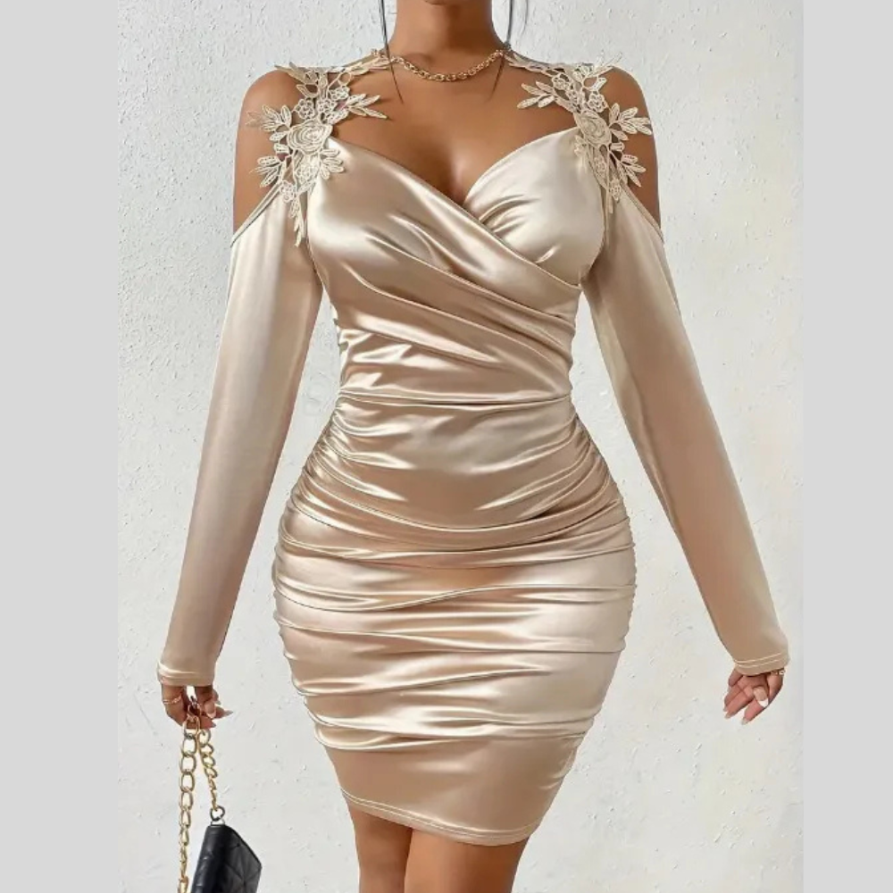 Spring And Autumn New Satin Elegant Lace Bodycon Dress With Pleated Skirt