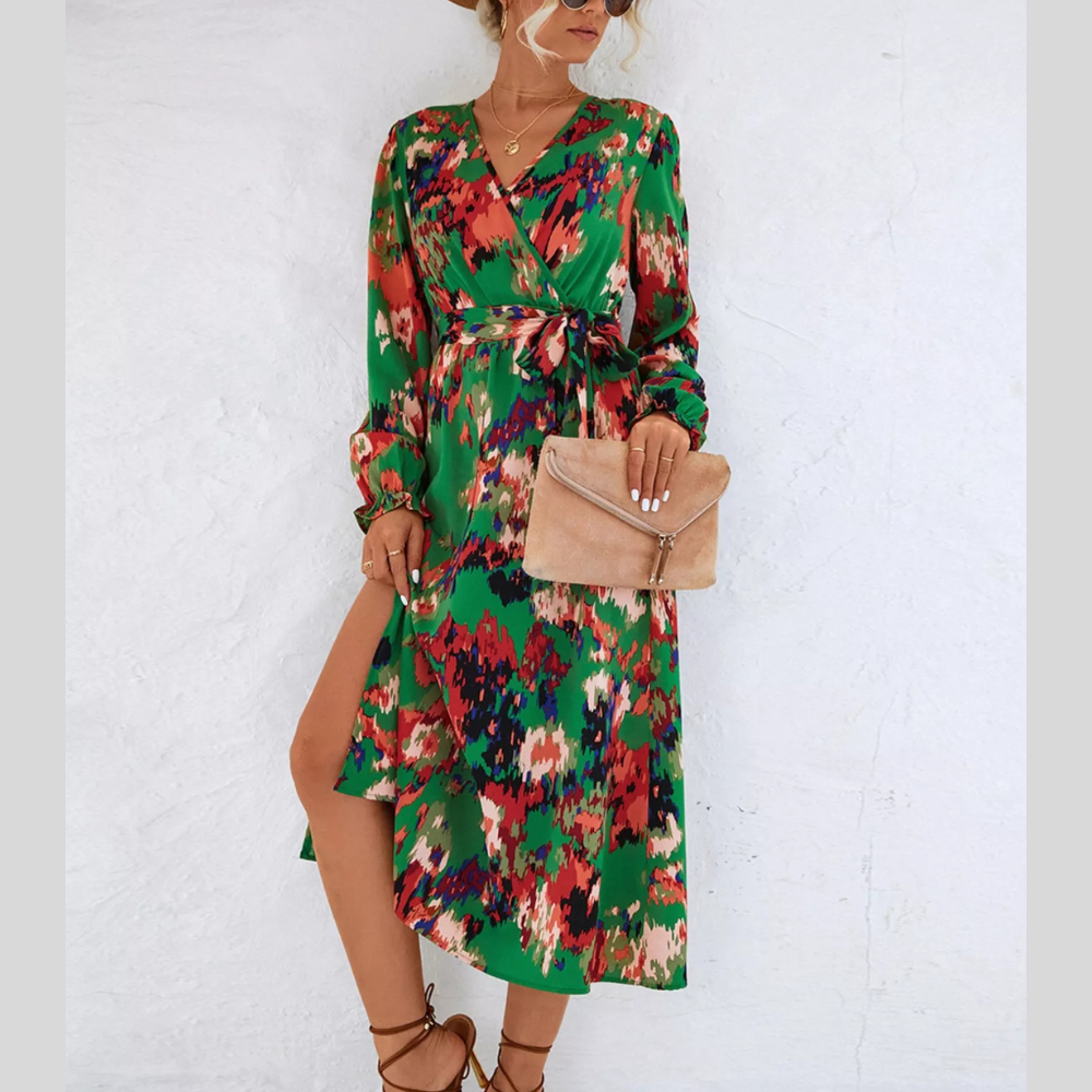 Printed Surplice Long Sleeve Midi Dress
