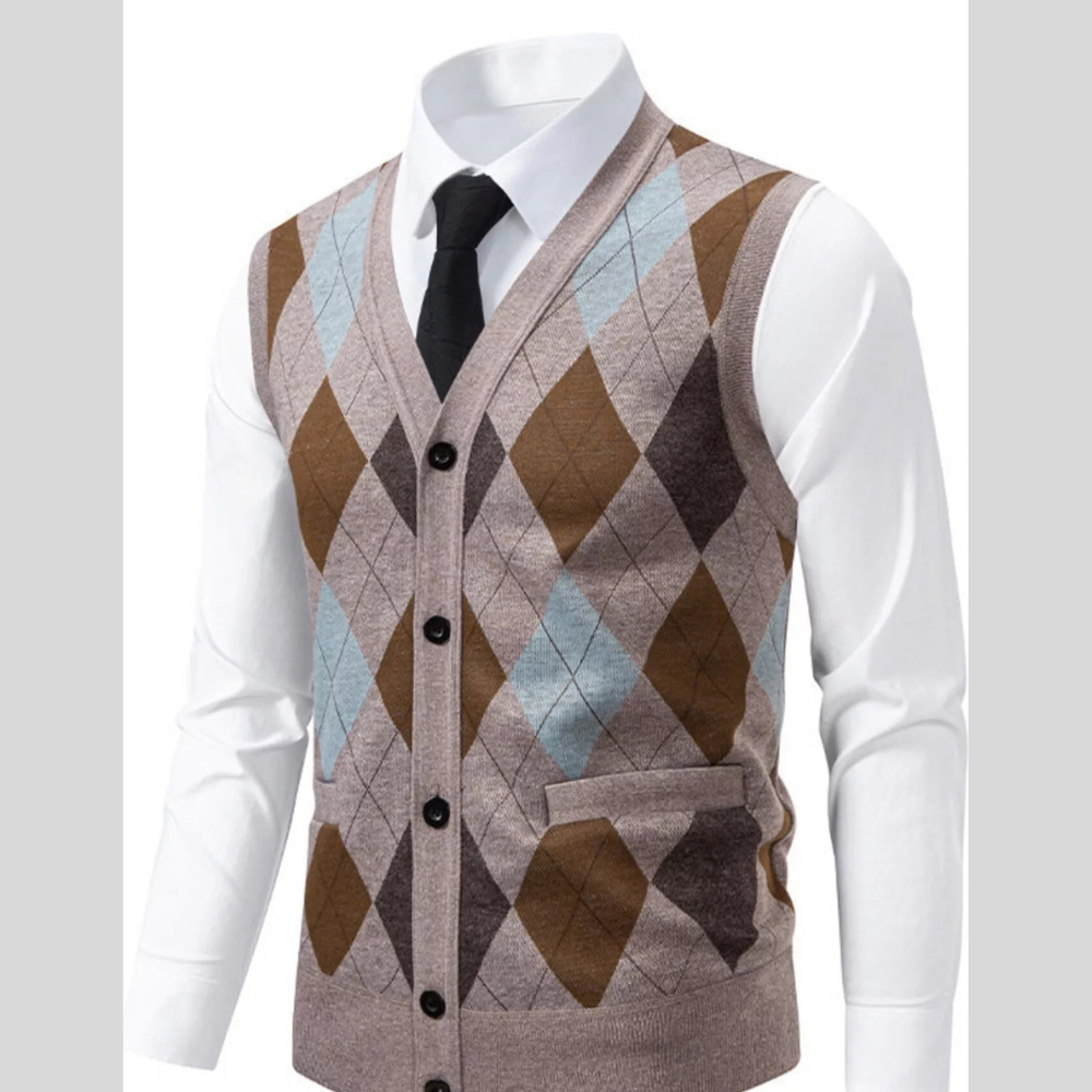 Men's Plus Size Argyle Pattern V-Neck Button-Down Cardigan Vest