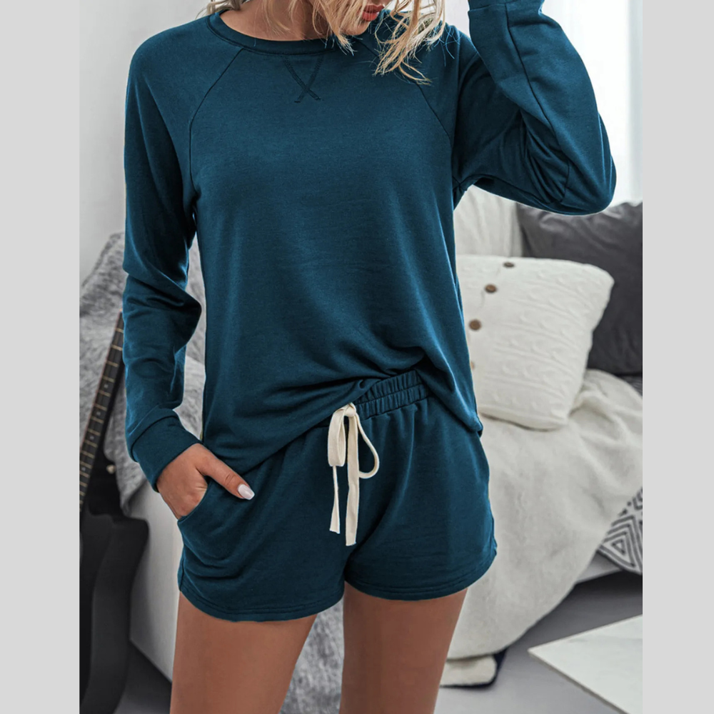 Round Neck Raglan Sleeve Top and Shorts Lounge Set