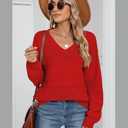 Eyelet V-Neck Long Sleeve Sweater