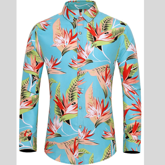 Men's Plus Size Tropical Print Long Sleeve Button-Down Shirt