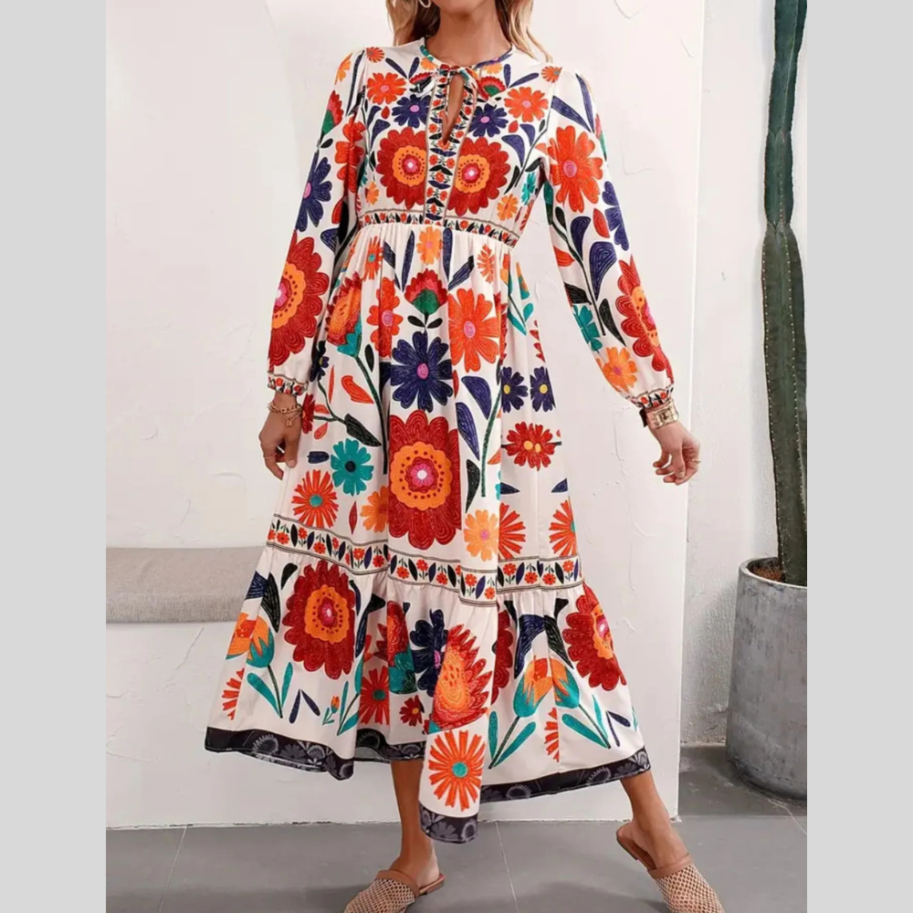 Floral Tie Waist Long Sleeve Dress