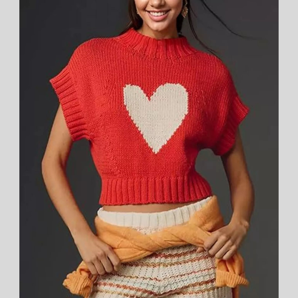 Heart Graphic Short Sleeve Knit Sweater