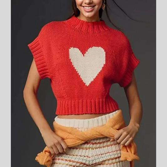 Heart Graphic Short Sleeve Knit Sweater