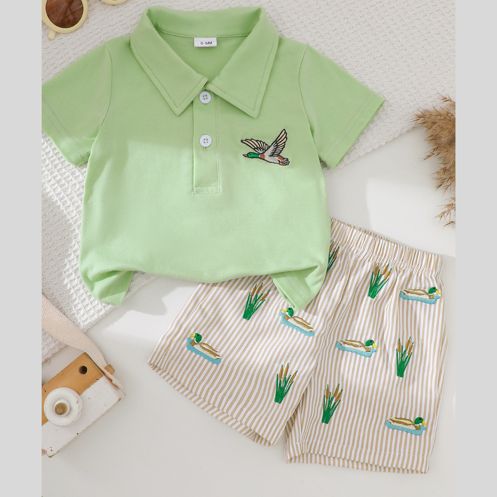 Children's Embroidered Polo Shirt & Striped Shorts Set