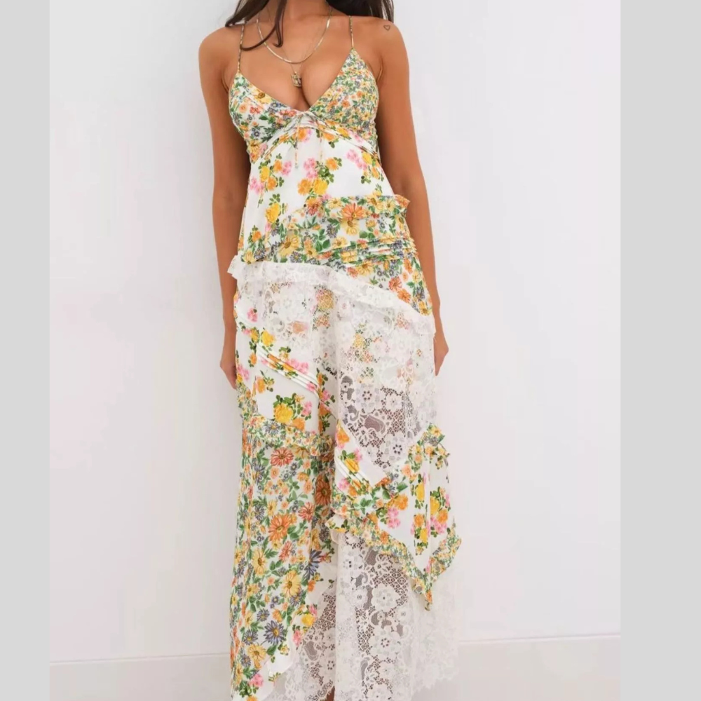 Lace Detail Ruffled Floral V-Neck Maxi Dress