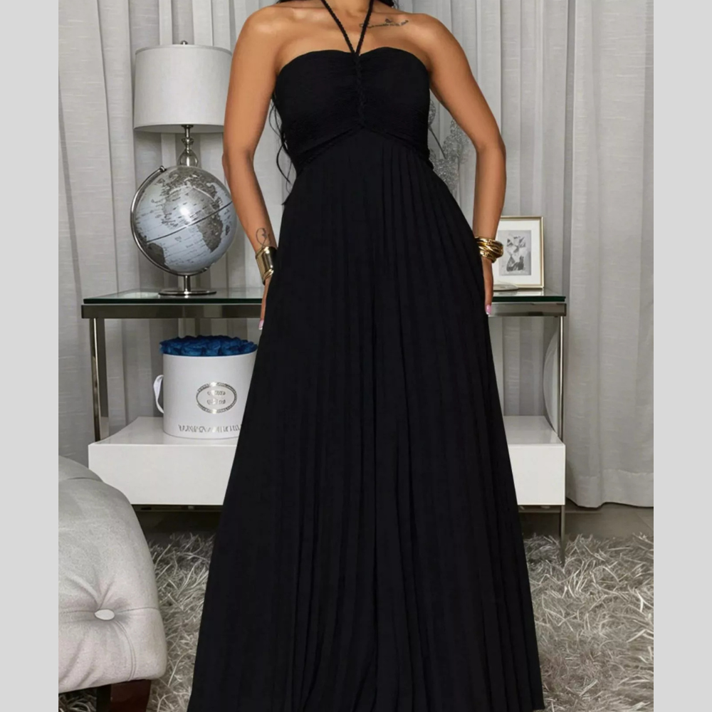 Pleated Halter Neck Wide Leg Jumpsuit