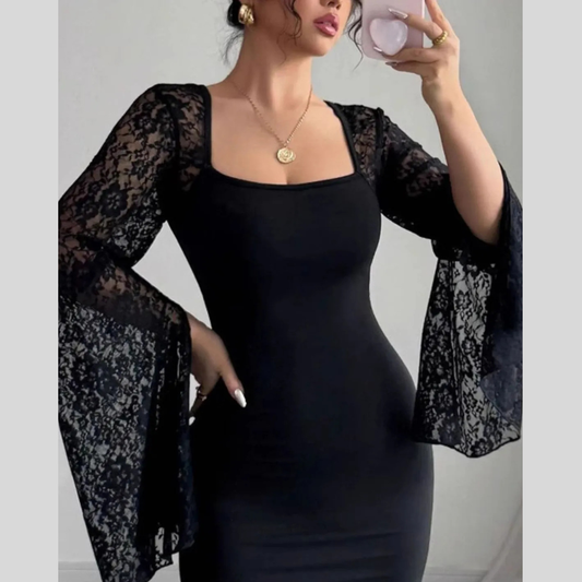 Square Neck Lace Bell Sleeve Bodycon Dress