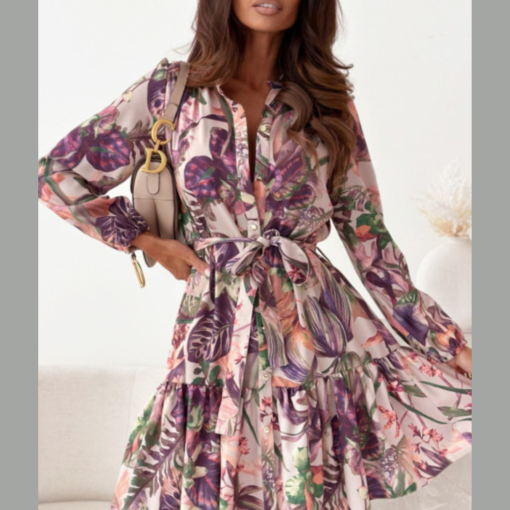 Ruffle Hem Floral Long Sleeve Dress