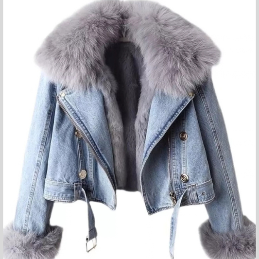 Full Size Faux Fur Collar Denim Jacket Plus Size