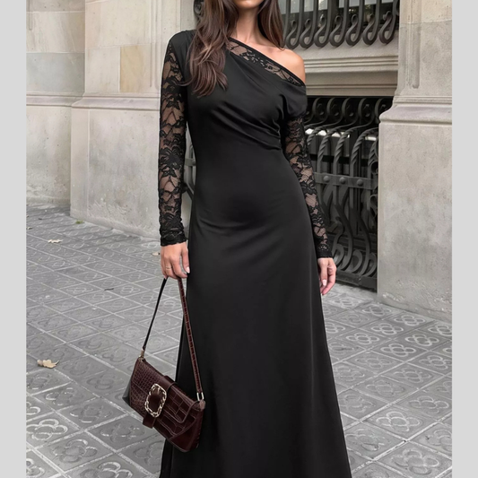 One-Shoulder Lace Sleeve Maxi Dress