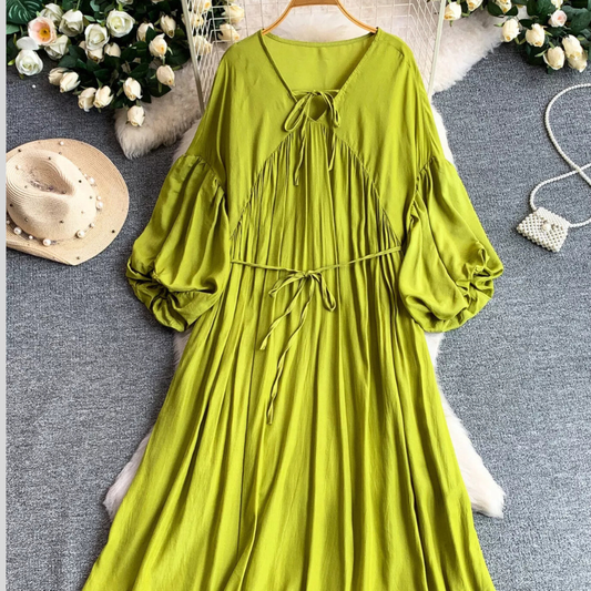Balloon Sleeve Tie-Waist Dress