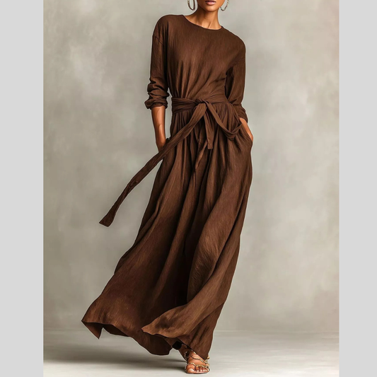 Full Size Long Sleeve Tie Waist Maxi Dress Plus Size