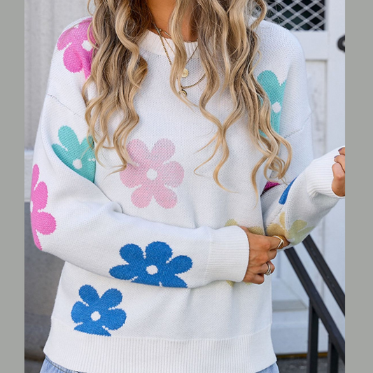 Angel Wings Flower Round Neck Long Sleeve Sweater