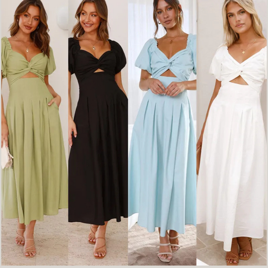 Women's Solid Color And V-neck Long Puff Sleeve Long Slimming Dress