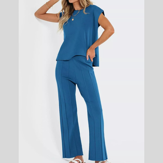 Casual Solid Color Cap Sleeve Top and Pants Knit Set