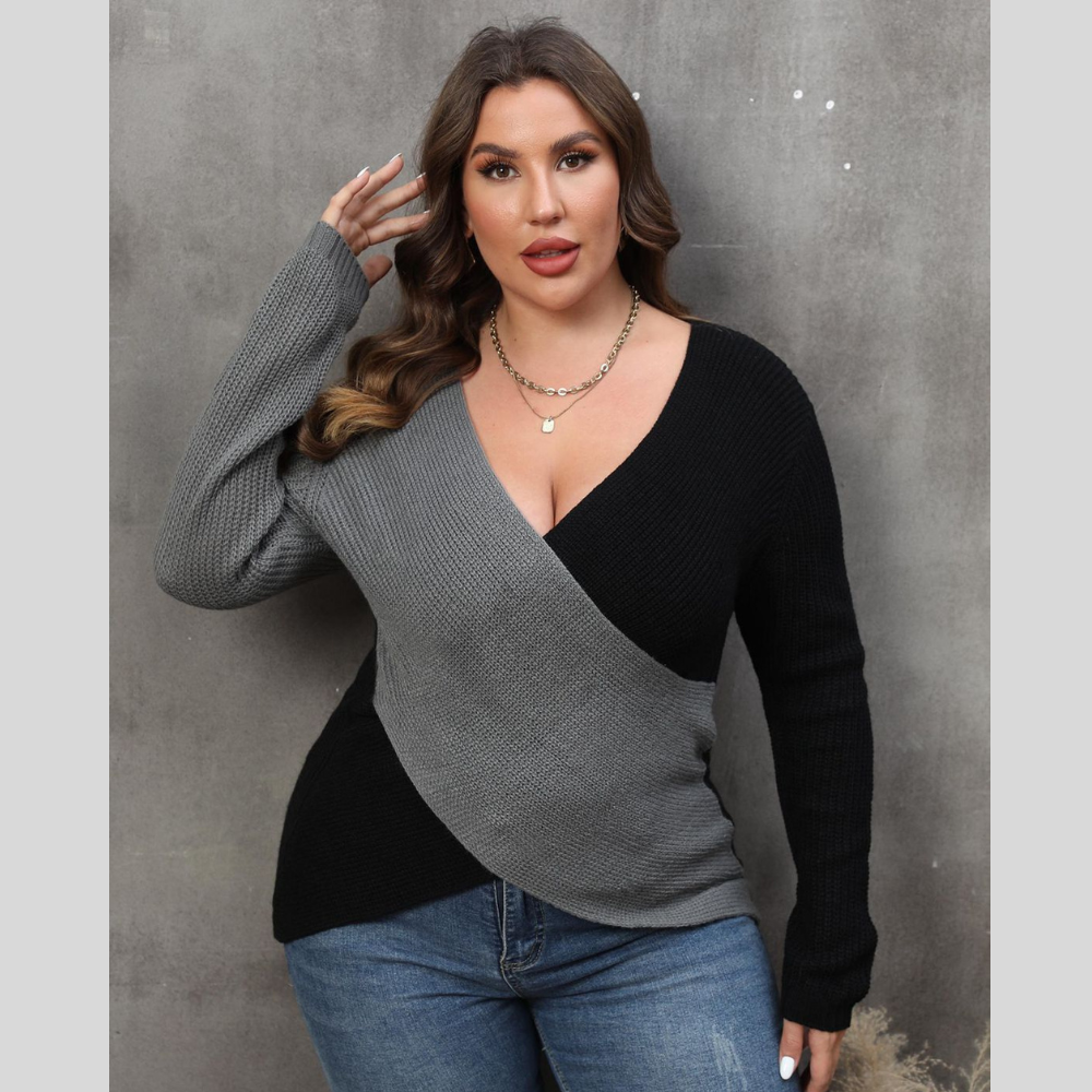 Plus Size Two-Tone Surplice Neck Sweater
