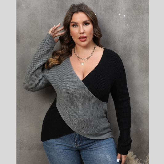 Plus Size Two-Tone Surplice Neck Sweater