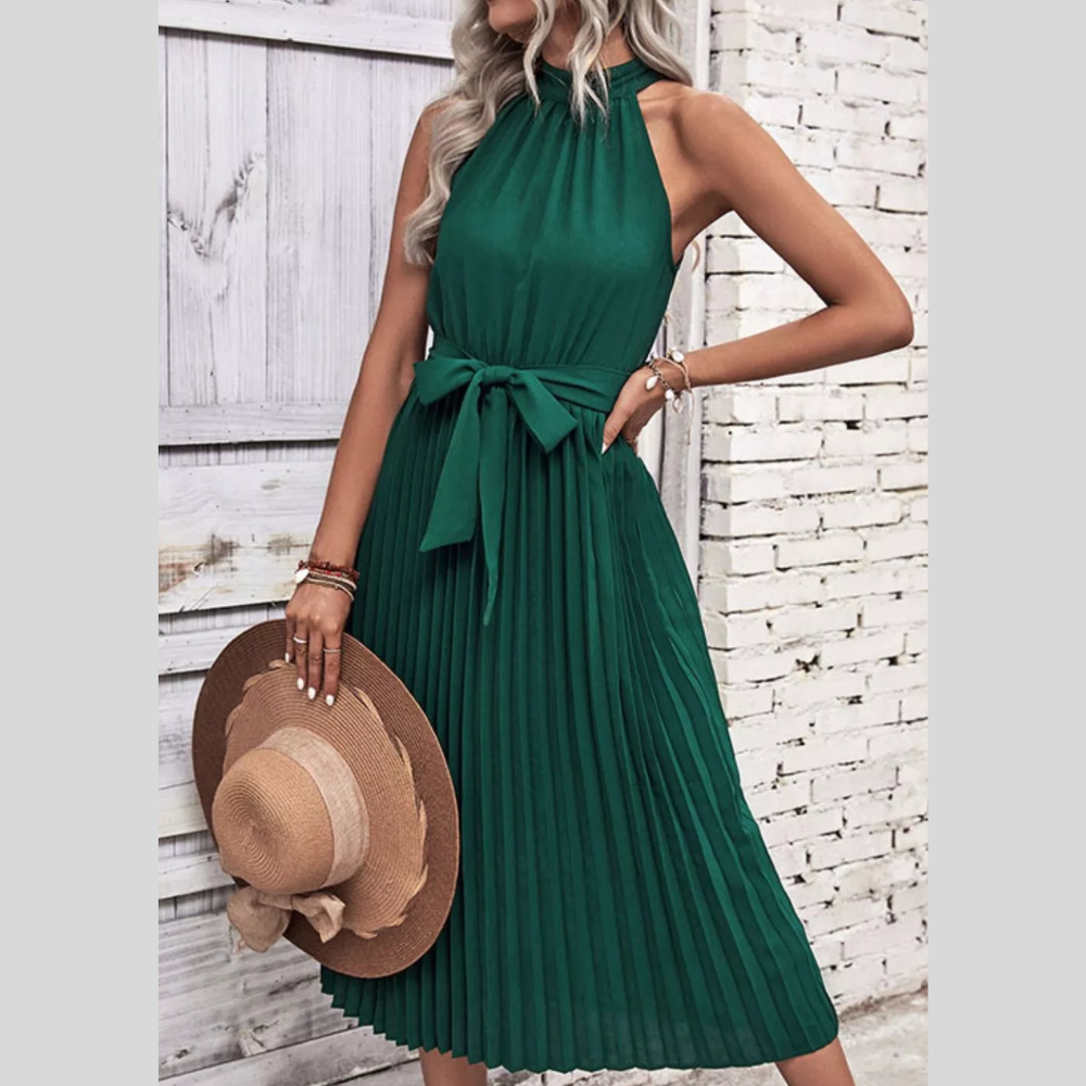 Perfee Tie Belt Pleated Midi Dress