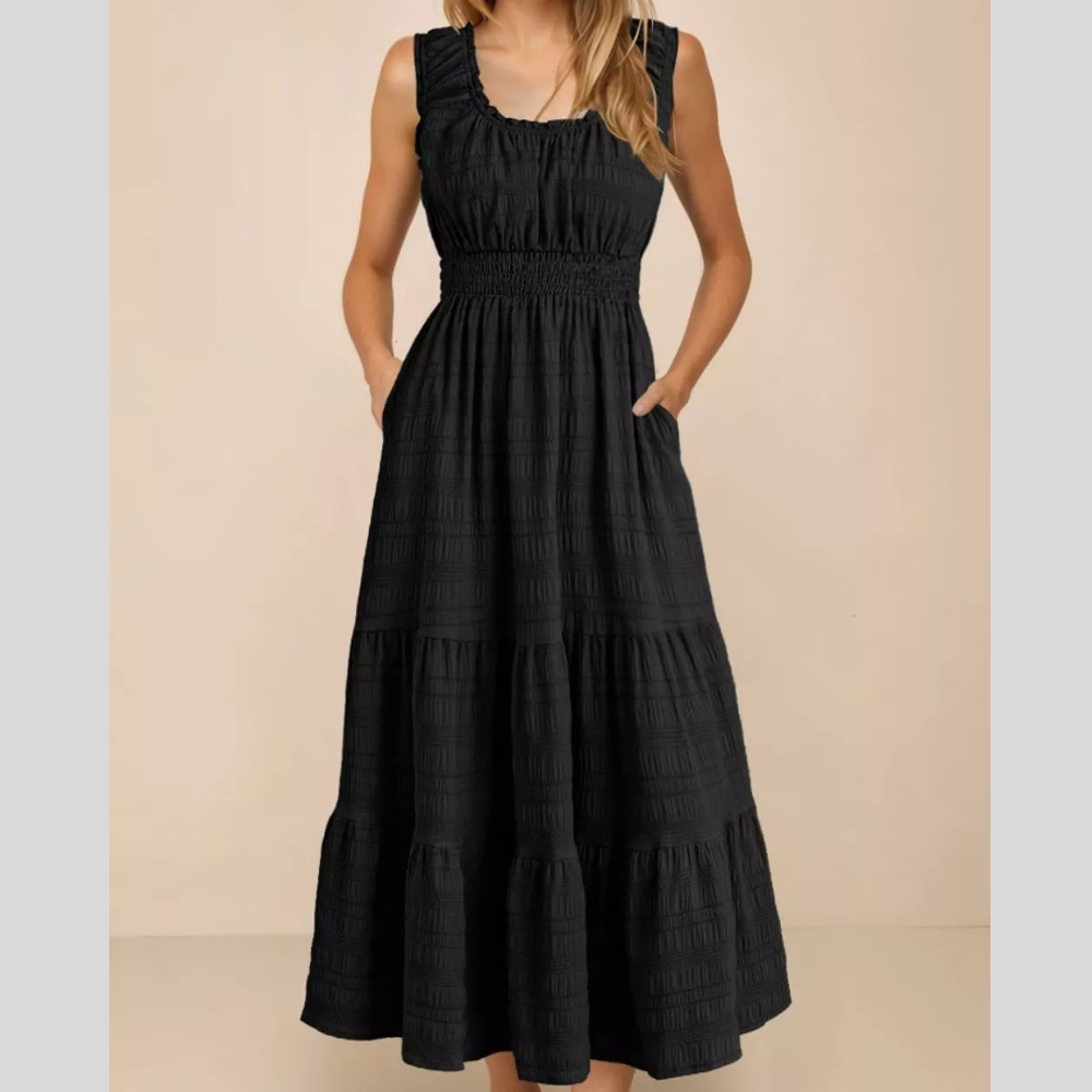 Sleeveless Smocked Tiered Dress with Pockets
