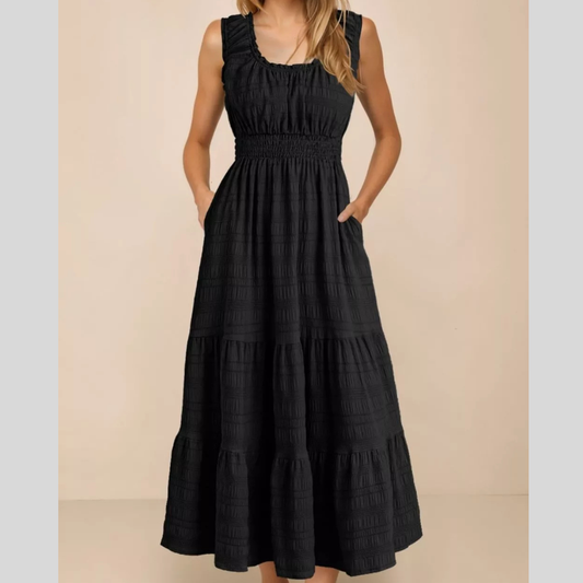 Sleeveless Smocked Tiered Dress with Pockets
