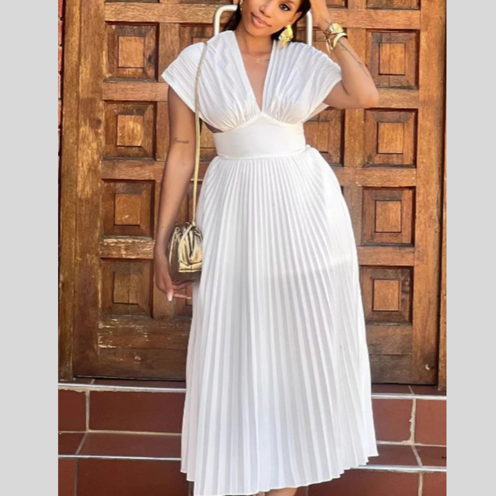 Pleated Cap Sleeve Midi Dress