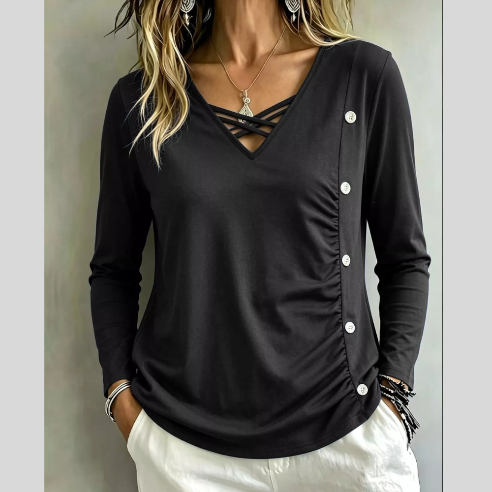 Plus Size Decorative Button Criss-Cross Long Sleeve Top