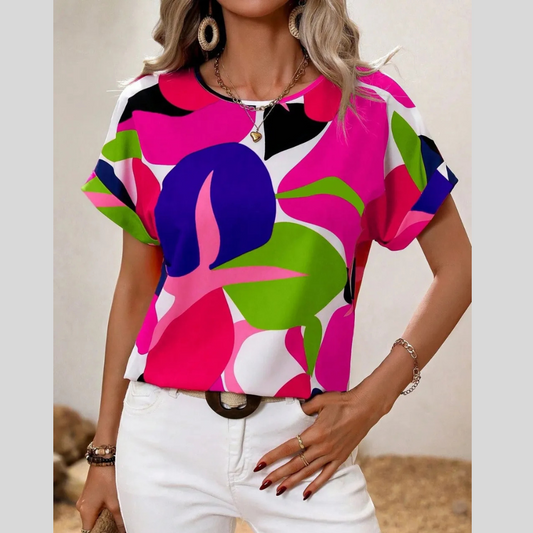 Two-Tone Round Neck Short Sleeve Top