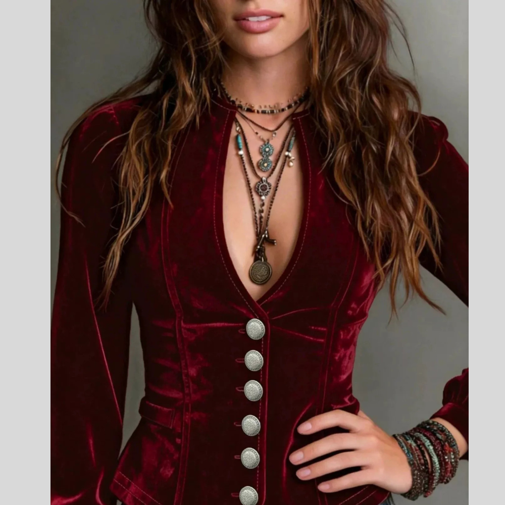 Button Down Plunge Velvet Shirt