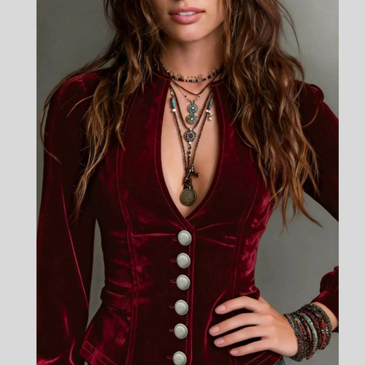Button Down Plunge Velvet Shirt