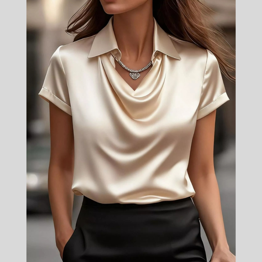 Full Size Cowl Neck Short Sleeve Satin Blouse Plus Size