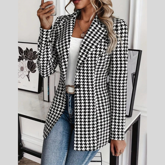 Houndstooth Print Lapel Collar Blazer